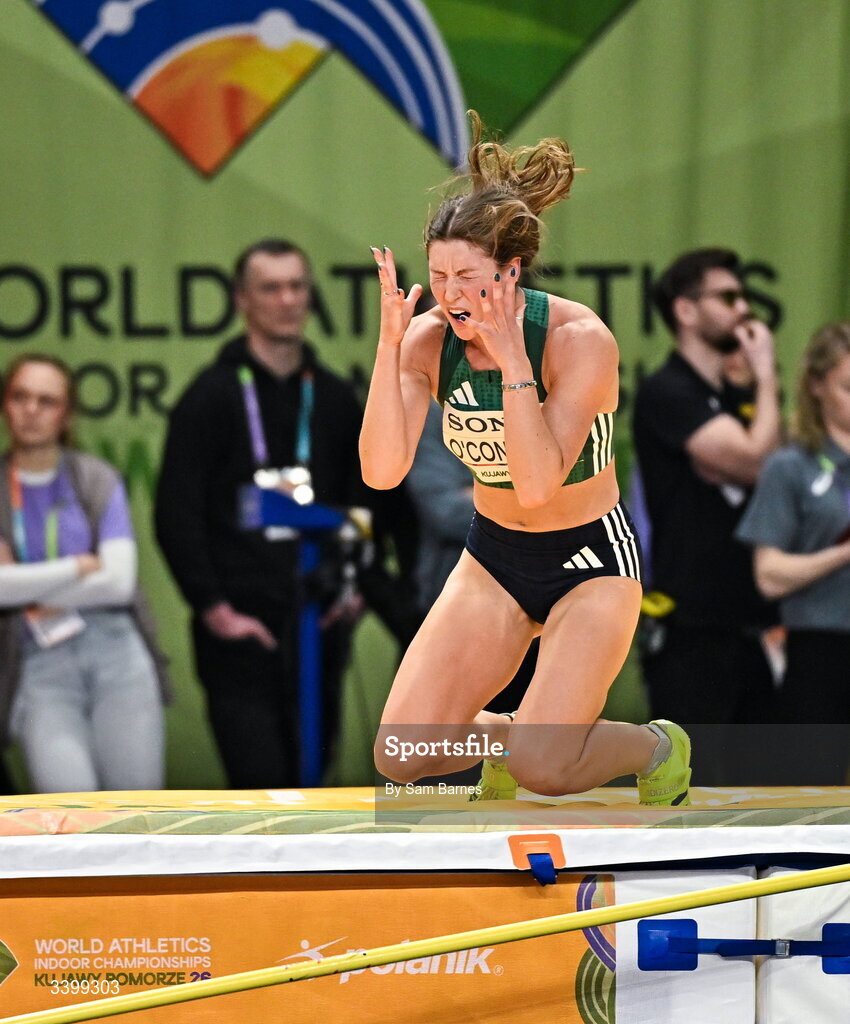 22 March 2026; Kate O'Connor of Ireland reacts to a failed clearance in the Women's high jump event in the Women's Pentathlon during day three of the World Athletics Indoor Championships at Kujawsko-Pomorska Arena in Torun, Poland. Photo by Sam Barnes/Sportsfile
