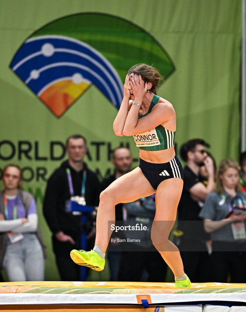 22 March 2026; Kate O'Connor of Ireland reacts to a failed clearance in the Women's high jump event in the Women's Pentathlon during day three of the World Athletics Indoor Championships at Kujawsko-Pomorska Arena in Torun, Poland. Photo by Sam Barnes/Sportsfile