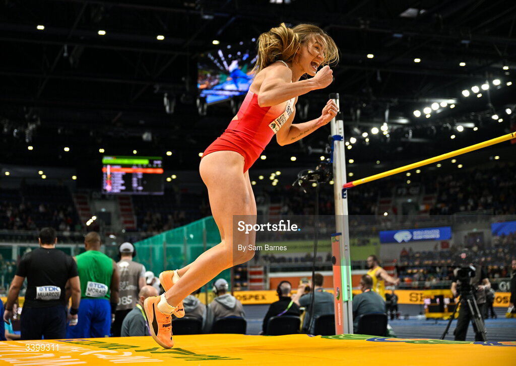 22 March 2026; Adrianna Sulek-Schubert of Poland celebrates a clearance in the Women's high jump event in the Women's Pentathlon during day three of the World Athletics Indoor Championships at Kujawsko-Pomorska Arena in Torun, Poland. Photo by Sam Barnes/Sportsfile