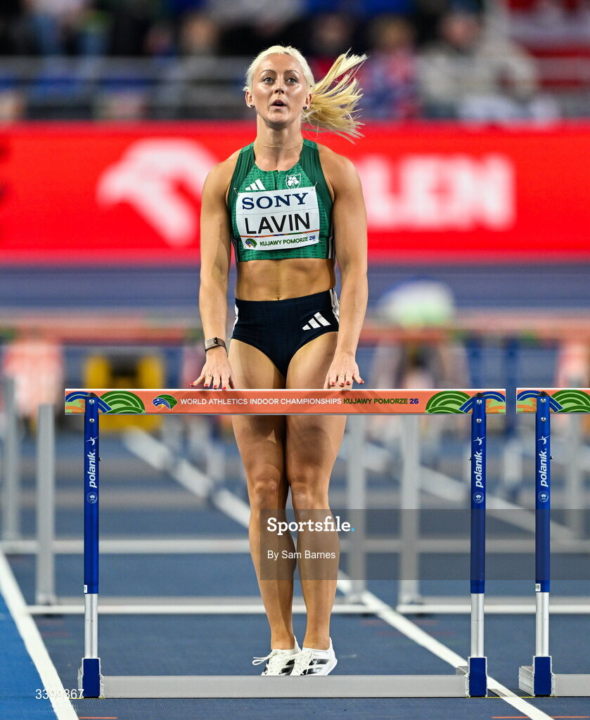 22 March 2026; Sarah Lavin of Ireland before competing in the Women's 60m hurdles heat during day three of the World Athletics Indoor Championships at Kujawsko-Pomorska Arena in Torun, Poland. Photo by Sam Barnes/Sportsfile