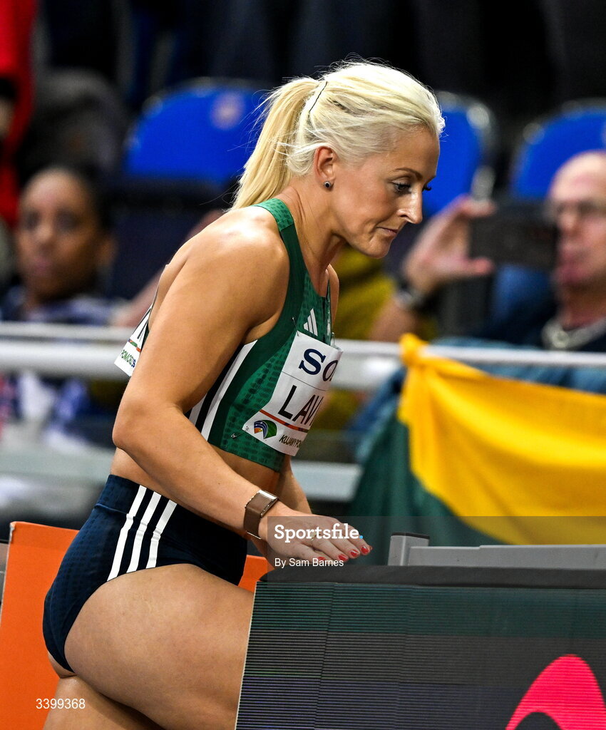 22 March 2026; Sarah Lavin of Ireland reacts after finishing 5th in the Women's 60m hurdles heat during day three of the World Athletics Indoor Championships at Kujawsko-Pomorska Arena in Torun, Poland. Photo by Sam Barnes/Sportsfile
