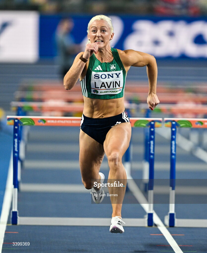 22 March 2026; Sarah Lavin of Ireland competes in the Women's 60m hurdles heat during day three of the World Athletics Indoor Championships at Kujawsko-Pomorska Arena in Torun, Poland. Photo by Sam Barnes/Sportsfile