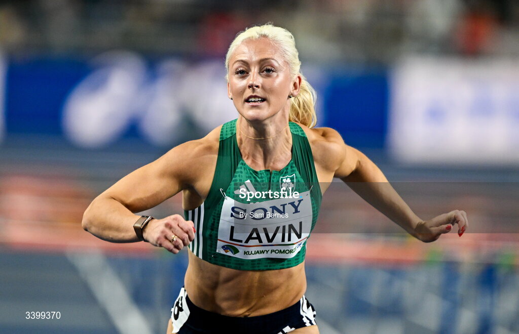 22 March 2026; Sarah Lavin of Ireland competes in the Women's 60m hurdles heat during day three of the World Athletics Indoor Championships at Kujawsko-Pomorska Arena in Torun, Poland. Photo by Sam Barnes/Sportsfile
