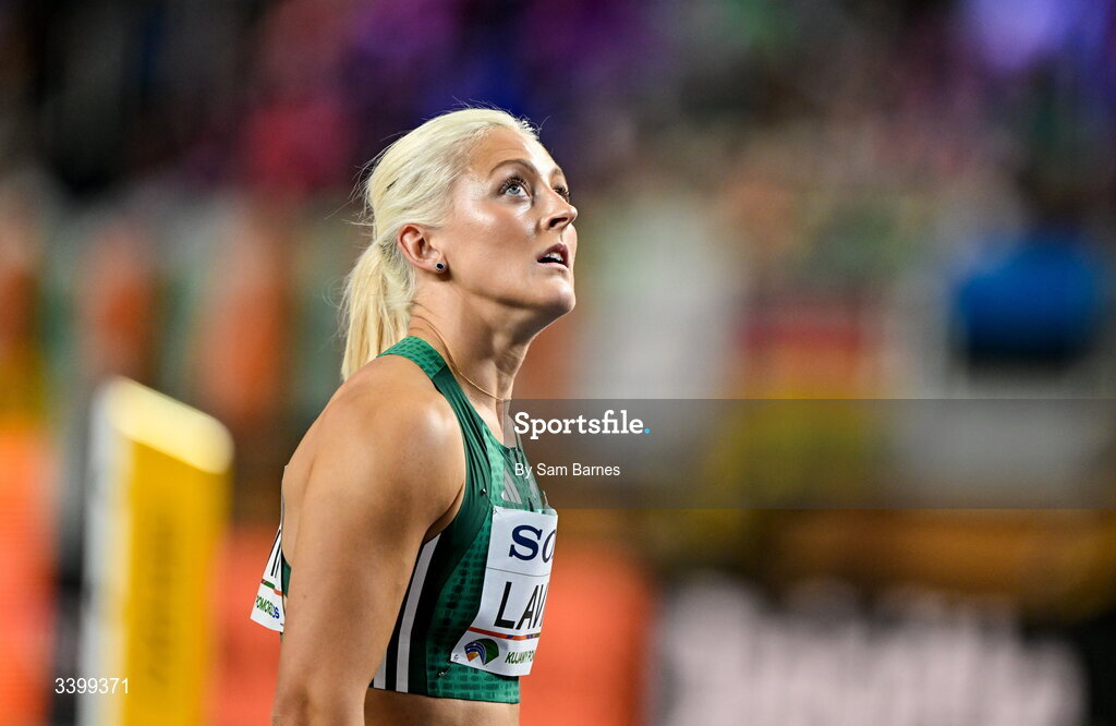 22 March 2026; Sarah Lavin of Ireland reacts after her Women's 60m hurdles heat during day three of the World Athletics Indoor Championships at Kujawsko-Pomorska Arena in Torun, Poland. Photo by Sam Barnes/Sportsfile