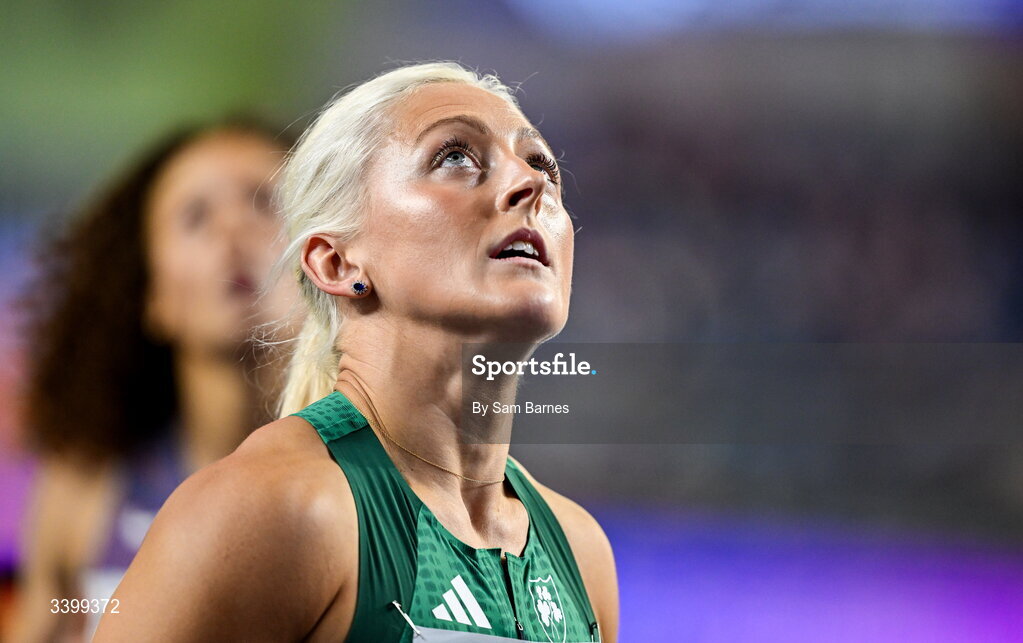 22 March 2026; Sarah Lavin of Ireland reacts after her Women's 60m hurdles heat during day three of the World Athletics Indoor Championships at Kujawsko-Pomorska Arena in Torun, Poland. Photo by Sam Barnes/Sportsfile