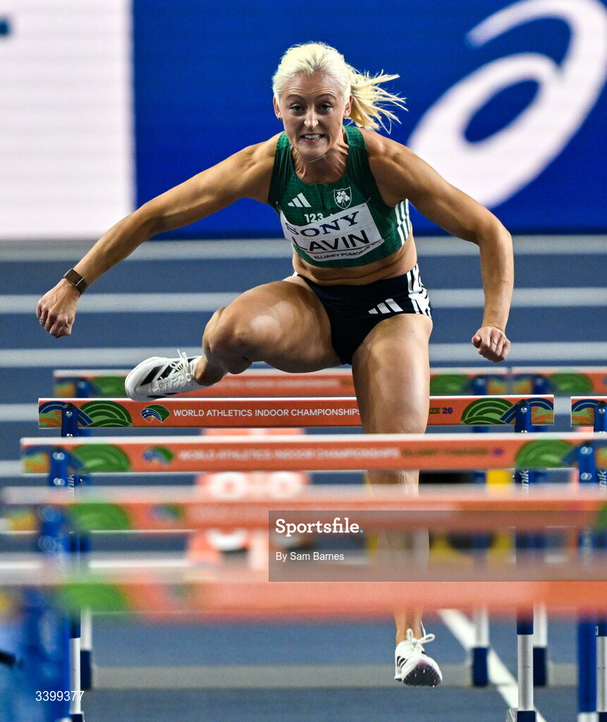 22 March 2026; Sarah Lavin of Ireland competes in the Women's 60m hurdles heat during day three of the World Athletics Indoor Championships at Kujawsko-Pomorska Arena in Torun, Poland. Photo by Sam Barnes/Sportsfile