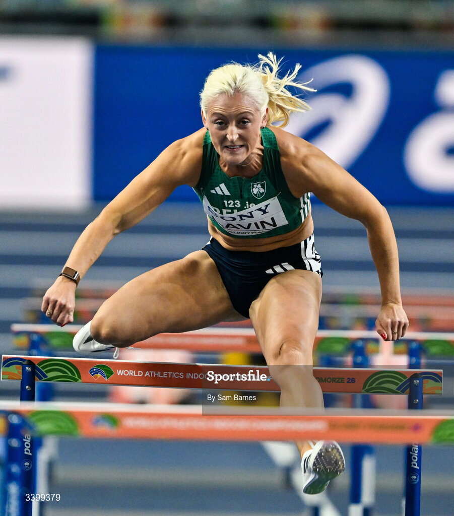 22 March 2026; Sarah Lavin of Ireland competes in the Women's 60m hurdles heat during day three of the World Athletics Indoor Championships at Kujawsko-Pomorska Arena in Torun, Poland. Photo by Sam Barnes/Sportsfile