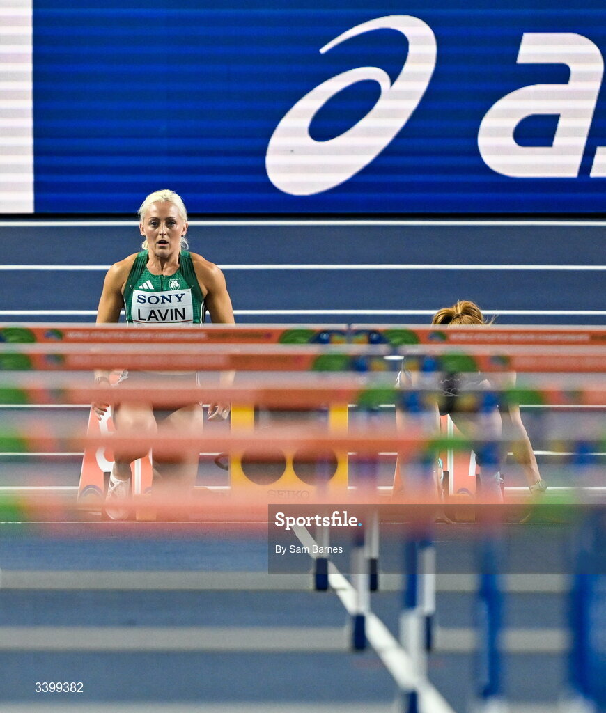 22 March 2026; Sarah Lavin of Ireland before competing in the Women's 60m hurdles heat during day three of the World Athletics Indoor Championships at Kujawsko-Pomorska Arena in Torun, Poland. Photo by Sam Barnes/Sportsfile