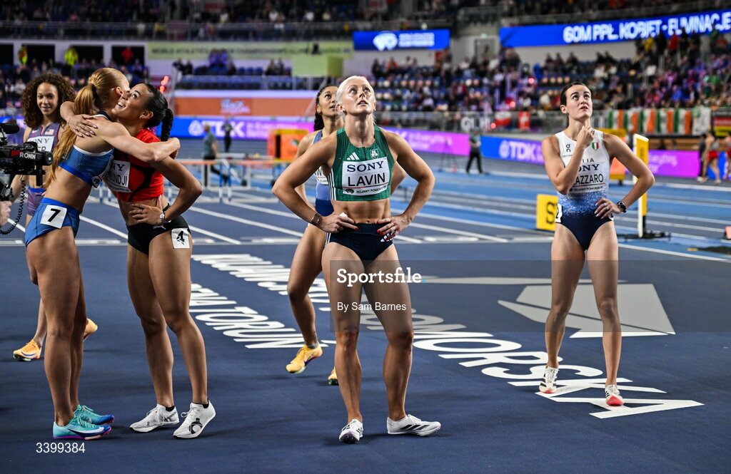 22 March 2026; Sarah Lavin of Ireland reacts competing in the Women's 60m hurdles heat during day three of the World Athletics Indoor Championships at Kujawsko-Pomorska Arena in Torun, Poland. Photo by Sam Barnes/Sportsfile