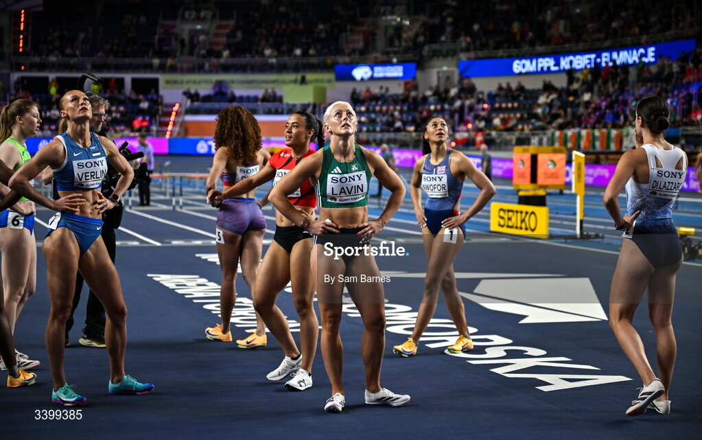 22 March 2026; Sarah Lavin of Ireland reacts competing in the Women's 60m hurdles heat during day three of the World Athletics Indoor Championships at Kujawsko-Pomorska Arena in Torun, Poland. Photo by Sam Barnes/Sportsfile