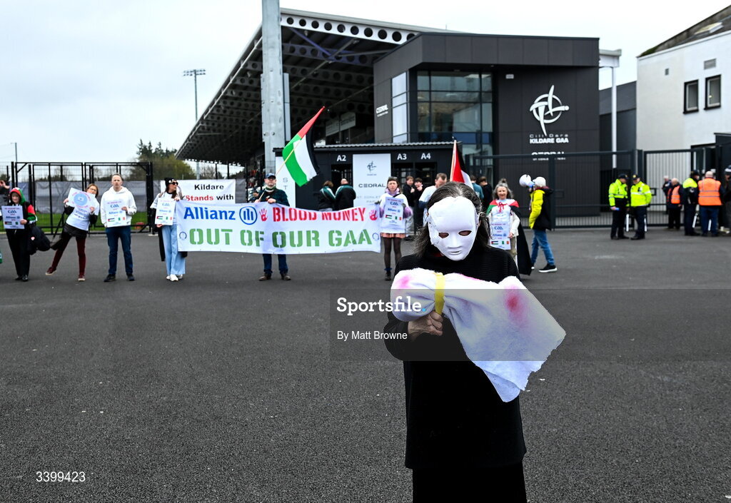 22 March 2026; Protesters before the Allianz Football League Division 2 match between Kildare and Louth at Cedral St Conleth's Park in Newbridge, Kildare. Photo by Matt Browne/Sportsfile