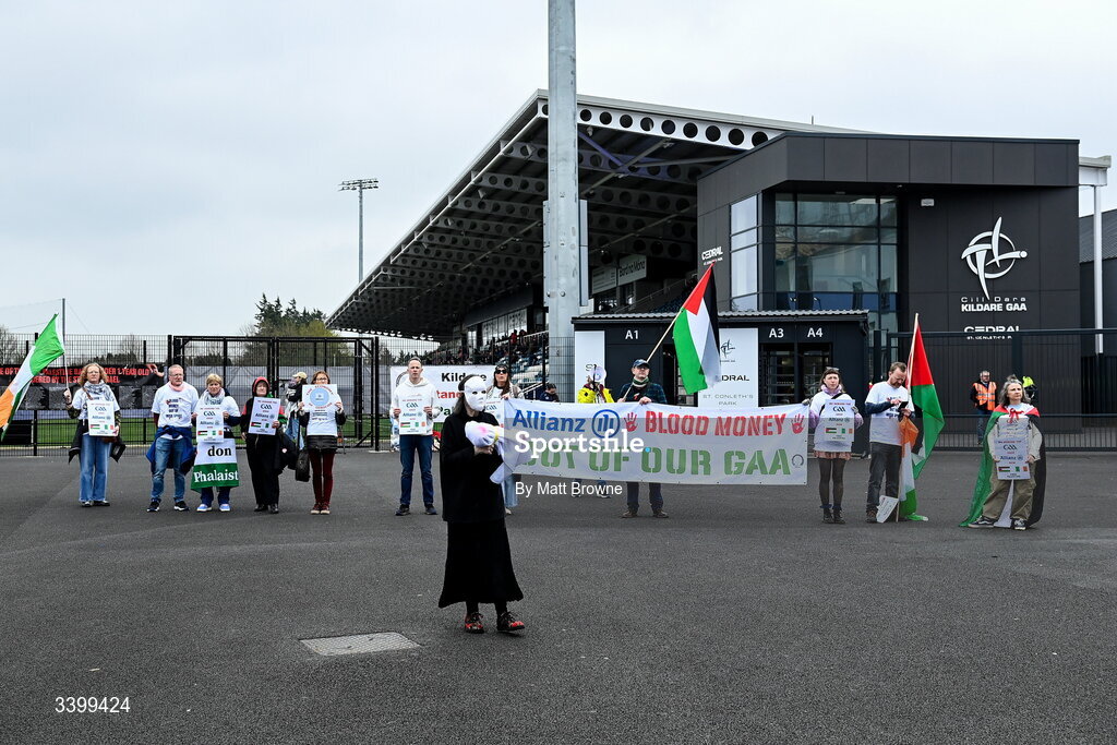 22 March 2026; Protesters before the Allianz Football League Division 2 match between Kildare and Louth at Cedral St Conleth's Park in Newbridge, Kildare. Photo by Matt Browne/Sportsfile
