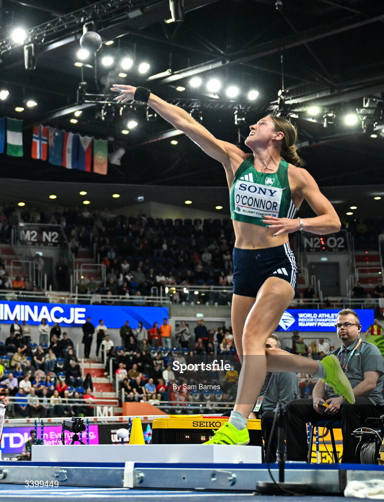 22 March 2026; Kate O'Connor of Ireland competes in the Women's shot put event in the Women's Pentathlon during day three of the World Athletics Indoor Championships at Kujawsko-Pomorska Arena in Torun, Poland. Photo by Sam Barnes/Sportsfile