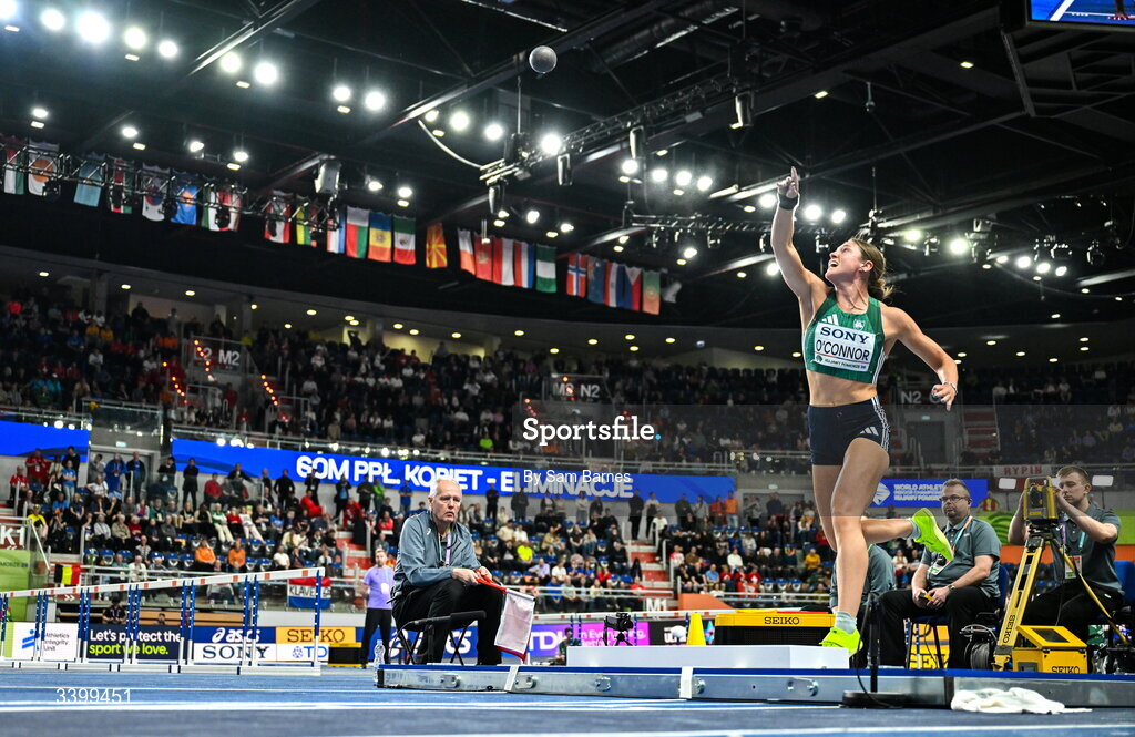 22 March 2026; Kate O'Connor of Ireland competes in the Women's shot put event in the Women's Pentathlon during day three of the World Athletics Indoor Championships at Kujawsko-Pomorska Arena in Torun, Poland. Photo by Sam Barnes/Sportsfile