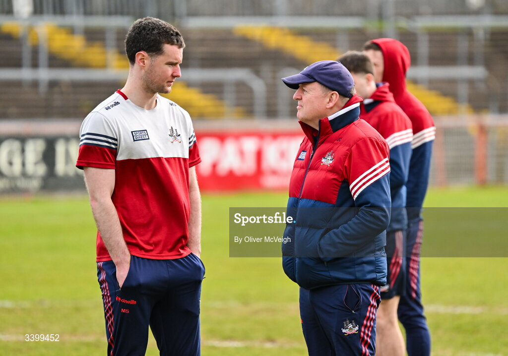 22 March 2026; Cork Manager John Cleary along with Maurice Shanley of Cork before the Allianz Football League Division 2 match between Tyrone and Cork at O'Neills Healy Park in Omagh, Tyrone. Photo by Oliver McVeigh/Sportsfile