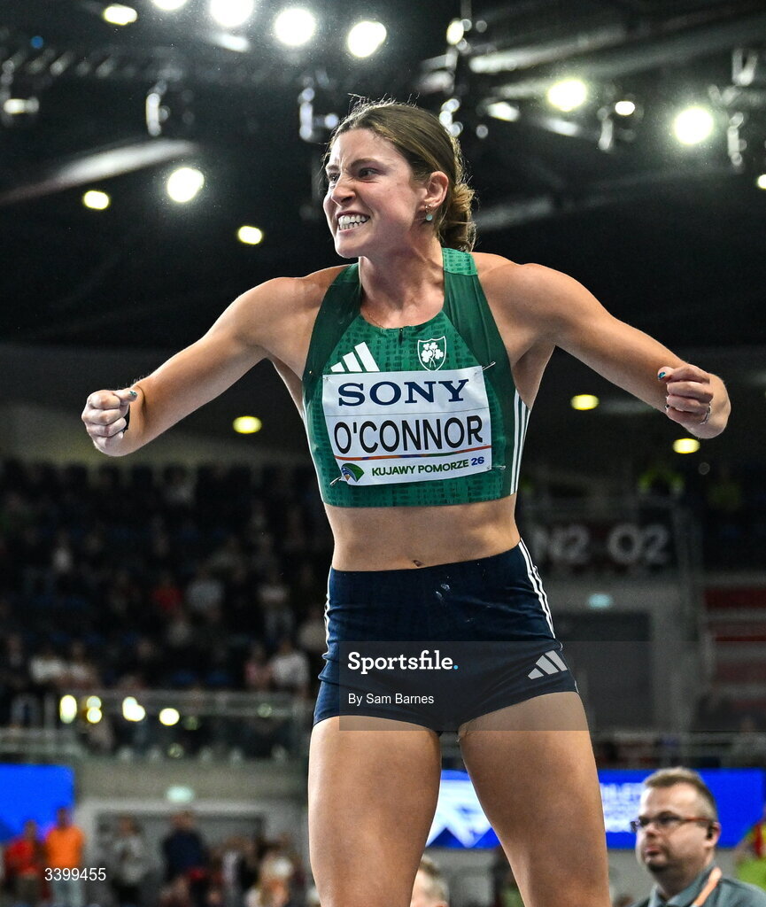 22 March 2026; Kate O'Connor of Ireland celebrates a throw in the Women's shot put event in the Women's Pentathlon during day three of the World Athletics Indoor Championships at Kujawsko-Pomorska Arena in Torun, Poland. Photo by Sam Barnes/Sportsfile