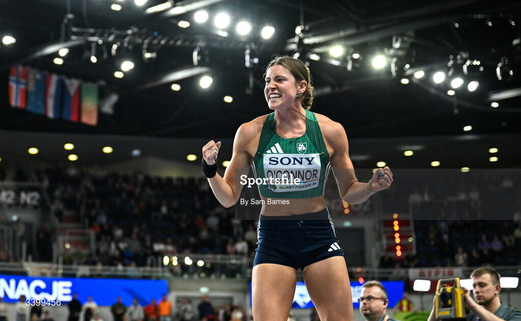 22 March 2026; Kate O'Connor of Ireland celebrates a throw in the Women's shot put event in the Women's Pentathlon during day three of the World Athletics Indoor Championships at Kujawsko-Pomorska Arena in Torun, Poland. Photo by Sam Barnes/Sportsfile