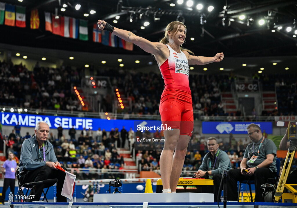22 March 2026; Adrianna Sulek-Schubert of Poland celebrates a throw in the Women's shot put event in the Women's Pentathlon during day three of the World Athletics Indoor Championships at Kujawsko-Pomorska Arena in Torun, Poland. Photo by Sam Barnes/Sportsfile