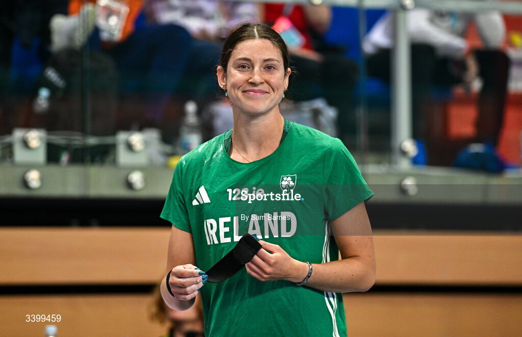 22 March 2026; Kate O'Connor of Ireland before competing in the Women's shot put event in the Women's Pentathlon during day three of the World Athletics Indoor Championships at Kujawsko-Pomorska Arena in Torun, Poland. Photo by Sam Barnes/Sportsfile