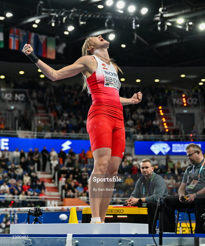 22 March 2026; Adrianna Sulek-Schubert of Poland celebrates a throw in the Women's shot put event in the Women's Pentathlon during day three of the World Athletics Indoor Championships at Kujawsko-Pomorska Arena in Torun, Poland. Photo by Sam Barnes/Sportsfile