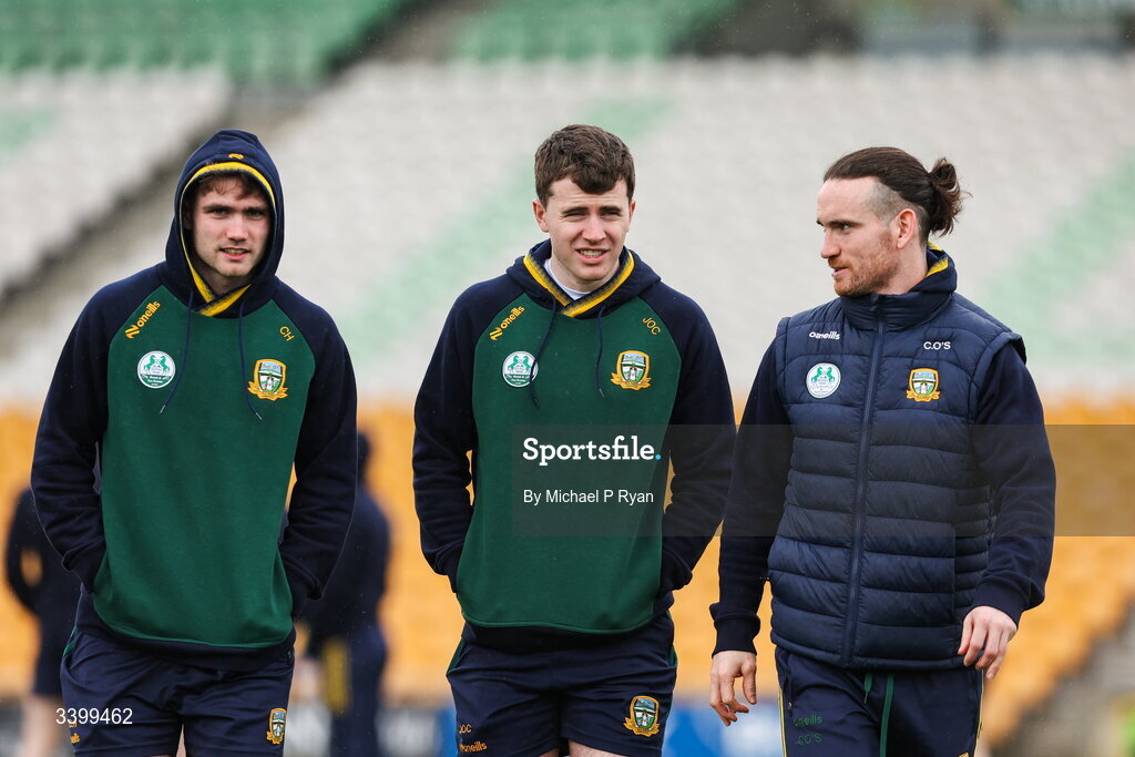22 March 2026; Meath players, from left, Cathal Hickey, Jack O'Connor, and  Charlie O'Connor walk the pitch before the Allianz Football League Division 2 match between Offaly and Meath at Glenisk O'Connor Park in Tullamore, Offaly. Photo by Michael P Ryan/Sportsfile