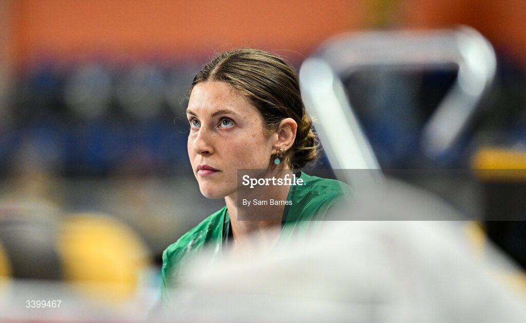 22 March 2026; Kate O'Connor of Ireland before competing in the Women's shot put event in the Women's Pentathlon during day three of the World Athletics Indoor Championships at Kujawsko-Pomorska Arena in Torun, Poland. Photo by Sam Barnes/Sportsfile