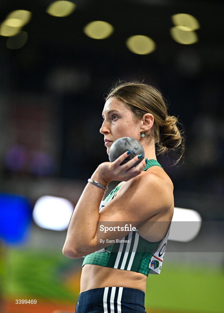 22 March 2026; Kate O'Connor of Ireland competes in the Women's shot put event in the Women's Pentathlon during day three of the World Athletics Indoor Championships at Kujawsko-Pomorska Arena in Torun, Poland. Photo by Sam Barnes/Sportsfile