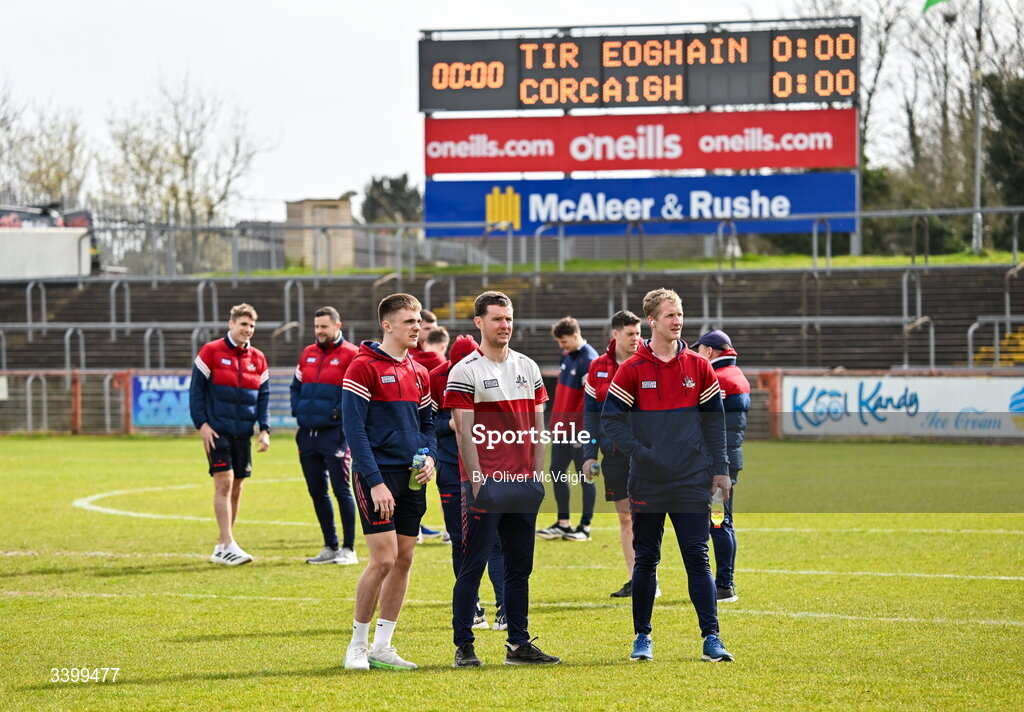 22 March 2026; Cork players before the Allianz Football League Division 2 match between Tyrone and Cork at O'Neills Healy Park in Omagh, Tyrone. Photo by Oliver McVeigh/Sportsfile