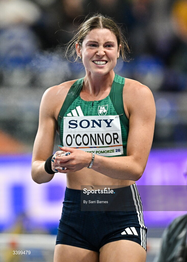 22 March 2026; Kate O'Connor of Ireland celebrates her second throw in the Women's shot put event in the Women's Pentathlon during day three of the World Athletics Indoor Championships at Kujawsko-Pomorska Arena in Torun, Poland. Photo by Sam Barnes/Sportsfile