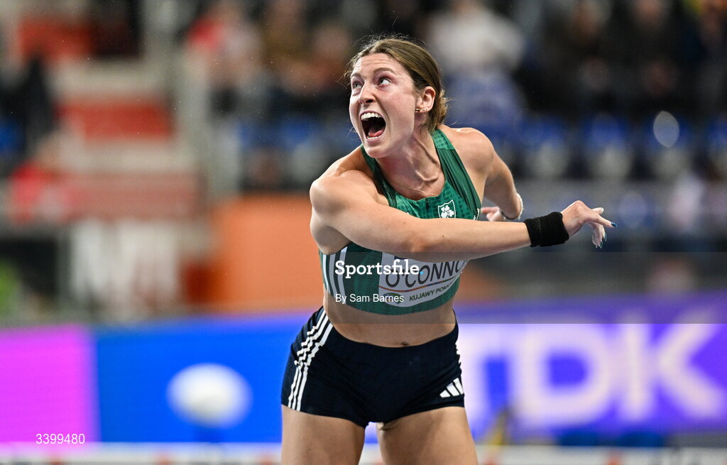 22 March 2026; Kate O'Connor of Ireland competes in the Women's shot put event in the Women's Pentathlon during day three of the World Athletics Indoor Championships at Kujawsko-Pomorska Arena in Torun, Poland. Photo by Sam Barnes/Sportsfile