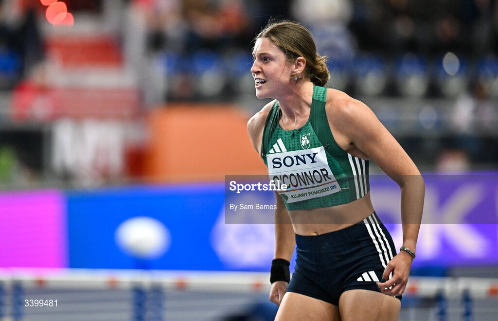 22 March 2026; Kate O'Connor of Ireland celebrates her second throw in the Women's shot put event in the Women's Pentathlon during day three of the World Athletics Indoor Championships at Kujawsko-Pomorska Arena in Torun, Poland. Photo by Sam Barnes/Sportsfile