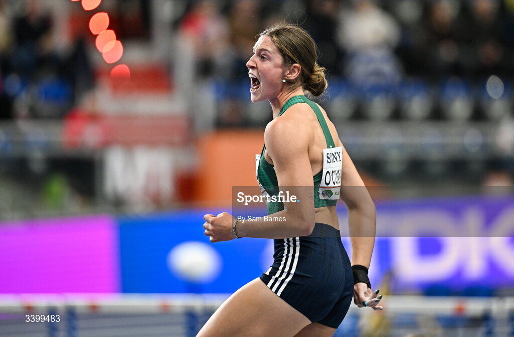 22 March 2026; Kate O'Connor of Ireland celebrates her second throw in the Women's shot put event in the Women's Pentathlon during day three of the World Athletics Indoor Championships at Kujawsko-Pomorska Arena in Torun, Poland. Photo by Sam Barnes/Sportsfile