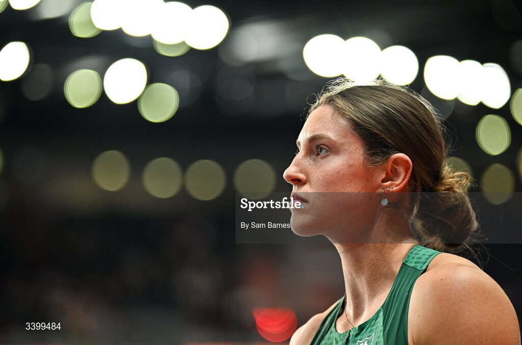 22 March 2026; Kate O'Connor of Ireland prepares to compete in the Women's shot put event in the Women's Pentathlon during day three of the World Athletics Indoor Championships at Kujawsko-Pomorska Arena in Torun, Poland. Photo by Sam Barnes/Sportsfile