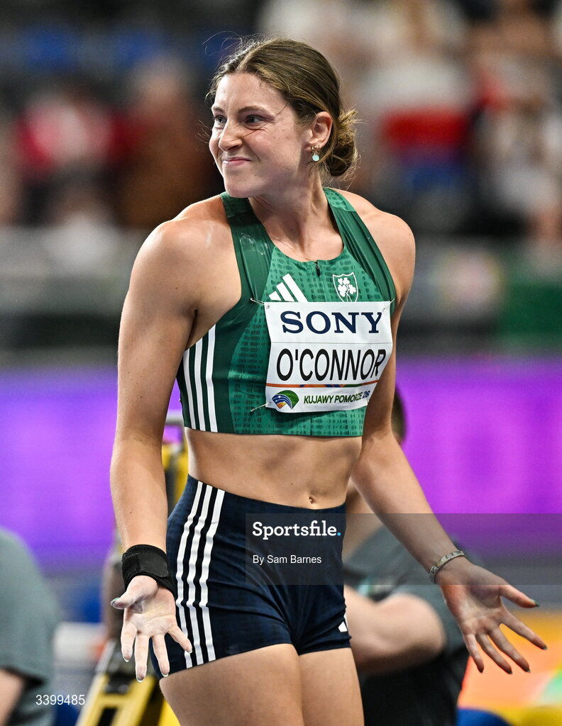 22 March 2026; Kate O'Connor of Ireland competes in the Women's shot put event in the Women's Pentathlon during day three of the World Athletics Indoor Championships at Kujawsko-Pomorska Arena in Torun, Poland. Photo by Sam Barnes/Sportsfile