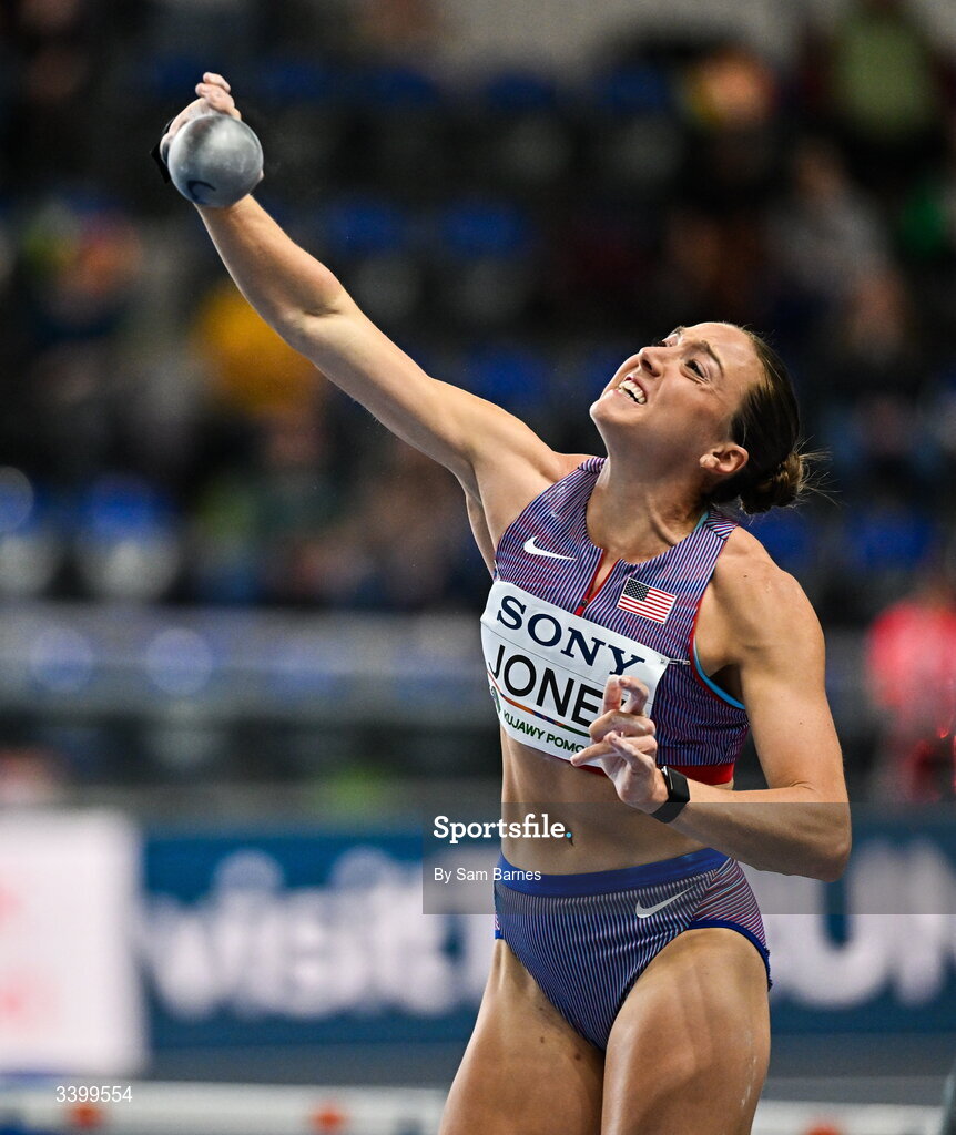 22 March 2026; Allie Jones of United States competes in the Women's shot put event in the Women's Pentathlon during day three of the World Athletics Indoor Championships at Kujawsko-Pomorska Arena in Torun, Poland. Photo by Sam Barnes/Sportsfile
