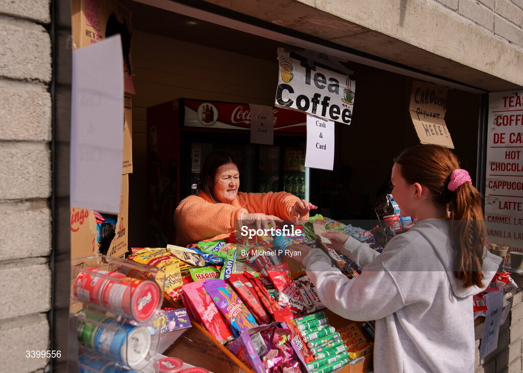 22 March 2026; A supportrer makes a purchase from the shop before the Allianz Football League Division 2 match between Offaly and Meath at Glenisk O'Connor Park in Tullamore, Offaly. Photo by Michael P Ryan/Sportsfile