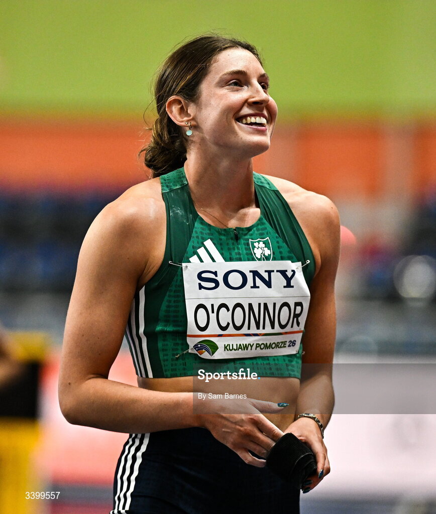 22 March 2026; Kate O'Connor of Ireland celebrates after throwing a personal best of 14.70m in the Women's shot put event in the Women's Pentathlon during day three of the World Athletics Indoor Championships at Kujawsko-Pomorska Arena in Torun, Poland. Photo by Sam Barnes/Sportsfile