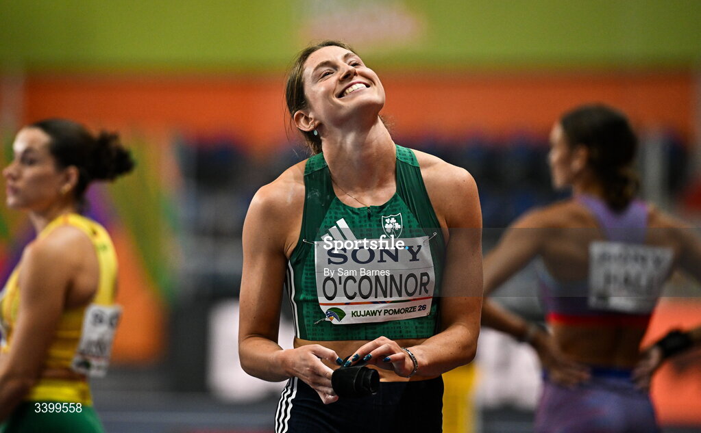 22 March 2026; Kate O'Connor of Ireland celebrates after throwing a personal best of 14.70m in the Women's shot put event in the Women's Pentathlon during day three of the World Athletics Indoor Championships at Kujawsko-Pomorska Arena in Torun, Poland. Photo by Sam Barnes/Sportsfile