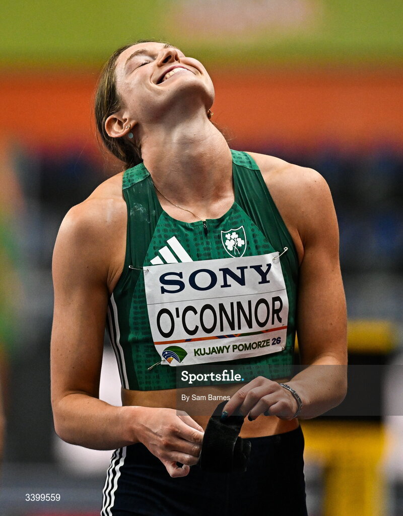 22 March 2026; Kate O'Connor of Ireland celebrates after throwing a personal best of 14.70m in the Women's shot put event in the Women's Pentathlon during day three of the World Athletics Indoor Championships at Kujawsko-Pomorska Arena in Torun, Poland. Photo by Sam Barnes/Sportsfile