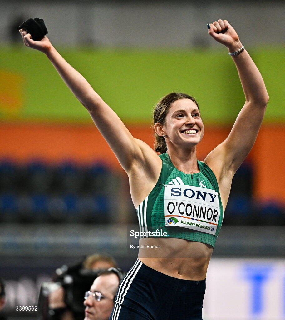 22 March 2026; Kate O'Connor of Ireland celebrates after throwing a personal best of 14.70m in the Women's shot put event in the Women's Pentathlon during day three of the World Athletics Indoor Championships at Kujawsko-Pomorska Arena in Torun, Poland. Photo by Sam Barnes/Sportsfile