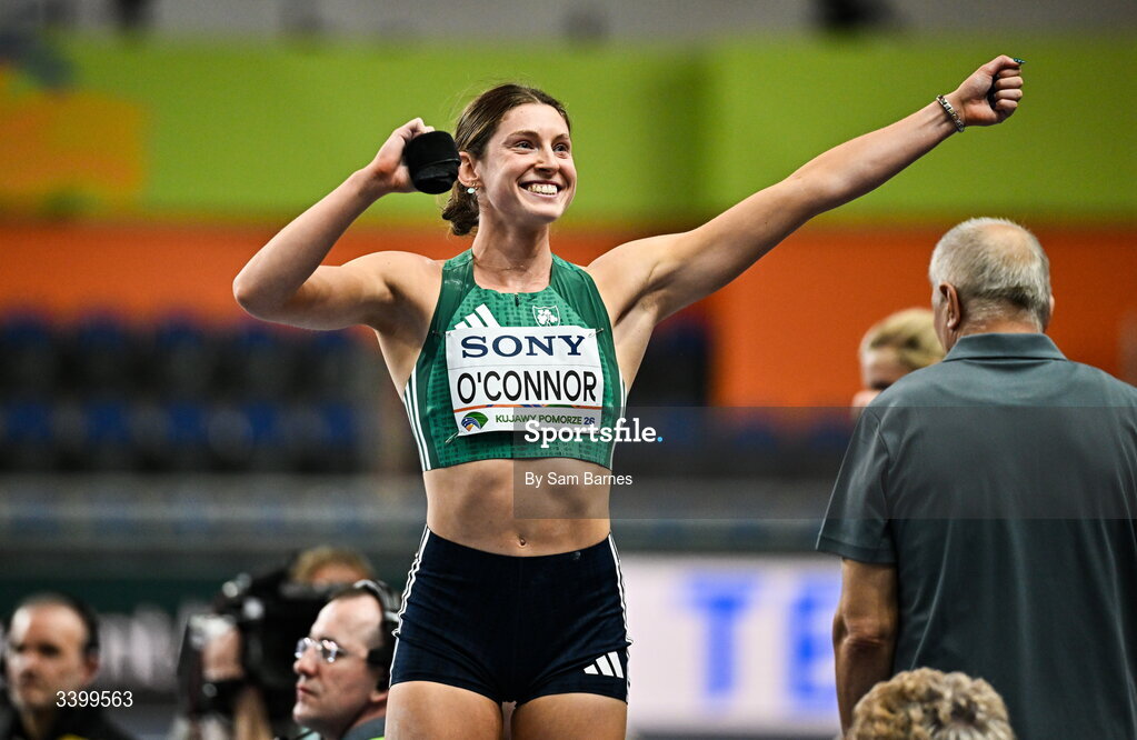 22 March 2026; Kate O'Connor of Ireland celebrates after throwing a personal best of 14.70m in the Women's shot put event in the Women's Pentathlon during day three of the World Athletics Indoor Championships at Kujawsko-Pomorska Arena in Torun, Poland. Photo by Sam Barnes/Sportsfile