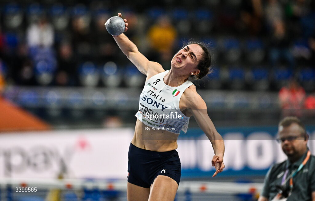 22 March 2026; Sveva Gerevini of Italy competes in the Women's shot put event in the Women's Pentathlon during day three of the World Athletics Indoor Championships at Kujawsko-Pomorska Arena in Torun, Poland. Photo by Sam Barnes/Sportsfile