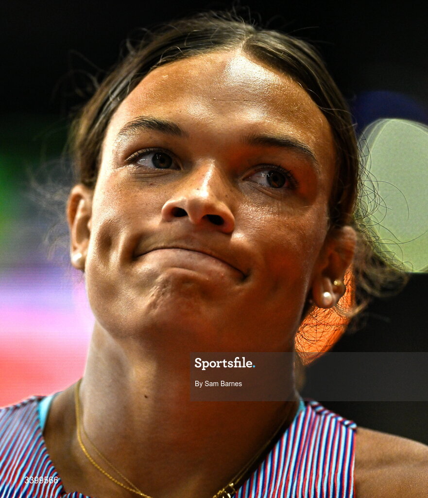 22 March 2026; Anna Hall of United States reacts during the Women's shot put event in the Women's Pentathlon during day three of the World Athletics Indoor Championships at Kujawsko-Pomorska Arena in Torun, Poland. Photo by Sam Barnes/Sportsfile