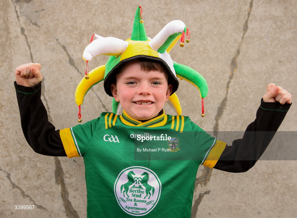 22 March 2026; Meath supporter Daniel Jr Byrne, age 7, before the Allianz Football League Division 2 match between Offaly and Meath at Glenisk O'Connor Park in Tullamore, Offaly. Photo by Michael P Ryan/Sportsfile