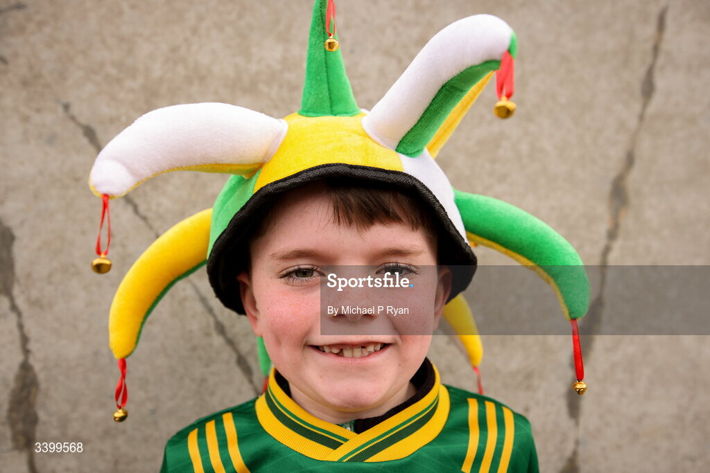 22 March 2026; Meath supporter Daniel Jr Byrne, age 7, before the Allianz Football League Division 2 match between Offaly and Meath at Glenisk O'Connor Park in Tullamore, Offaly. Photo by Michael P Ryan/Sportsfile