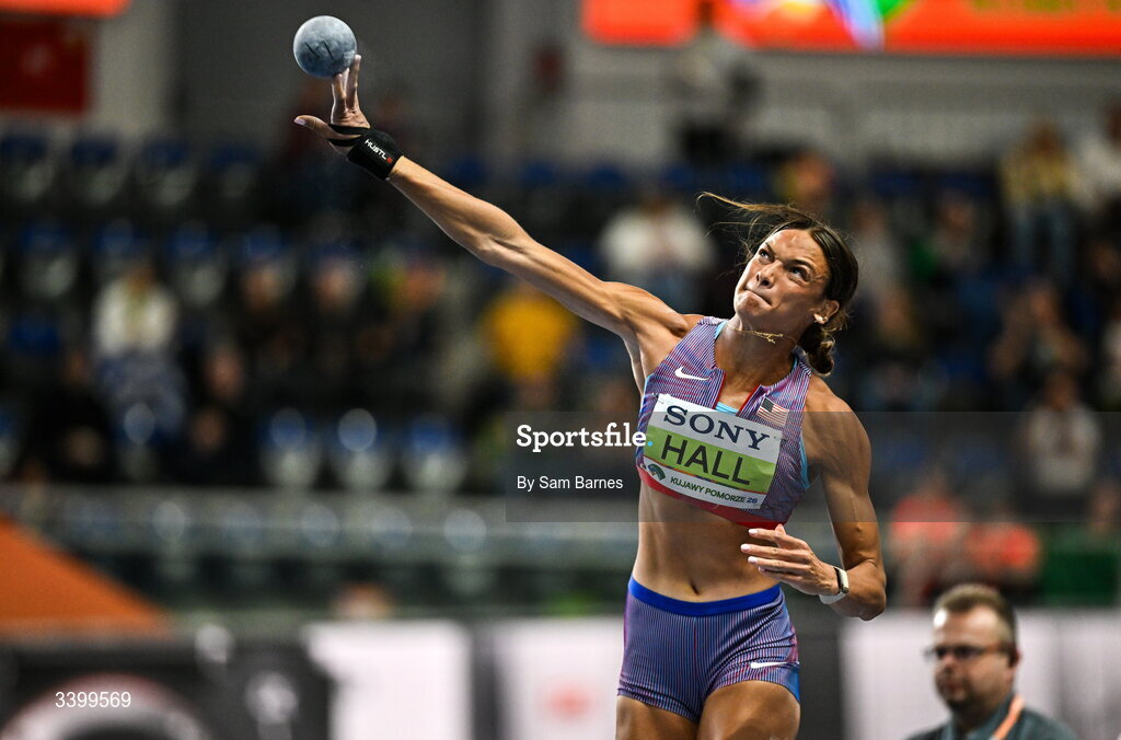 22 March 2026; Anna Hall of United States competes in the Women's shot put event in the Women's Pentathlon during day three of the World Athletics Indoor Championships at Kujawsko-Pomorska Arena in Torun, Poland. Photo by Sam Barnes/Sportsfile