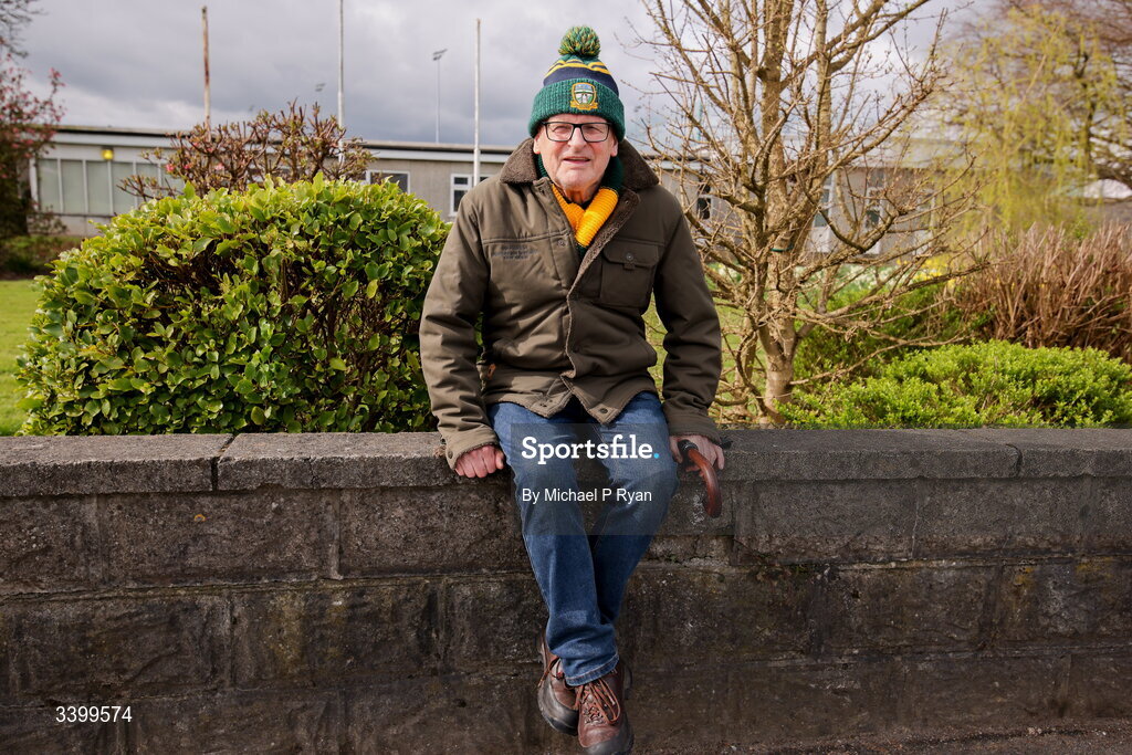 22 March 2026; Meath supporter John Higgins before the Allianz Football League Division 2 match between Offaly and Meath at Glenisk O'Connor Park in Tullamore, Offaly. Photo by Michael P Ryan/Sportsfile