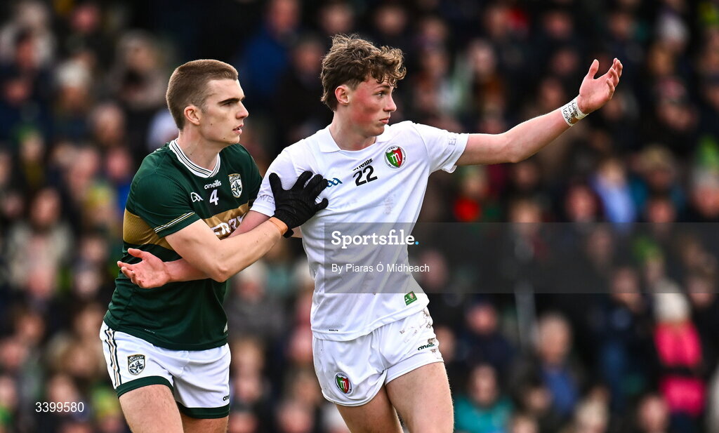 14 March 2026; Kobe McDonald of Mayo is marked by Dylan Casey of Kerry during the Allianz Football League Division 1 match between Kerry and Mayo at Austin Stack Park in Tralee, Kerry. Photo by Piaras Ó Mídheach/Sportsfile