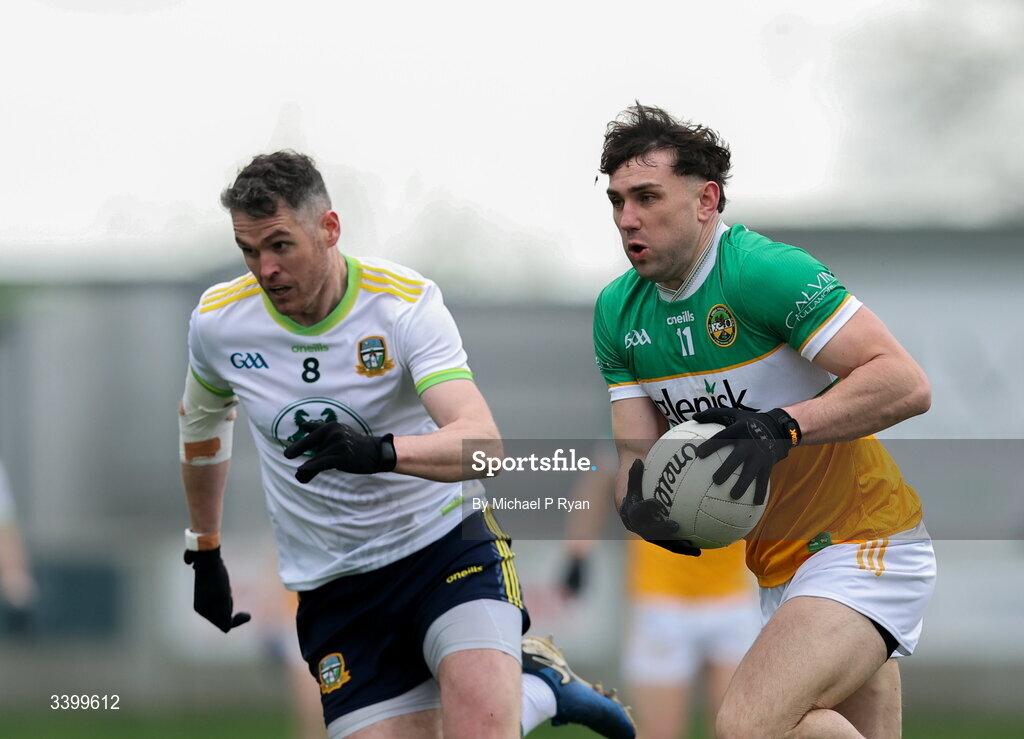 22 March 2026; Jordan Hayes of Offaly in action against Bryan Menton of Meath during the Allianz Football League Division 2 match between Offaly and Meath at Glenisk O'Connor Park in Tullamore, Offaly. Photo by Michael P Ryan/Sportsfile
