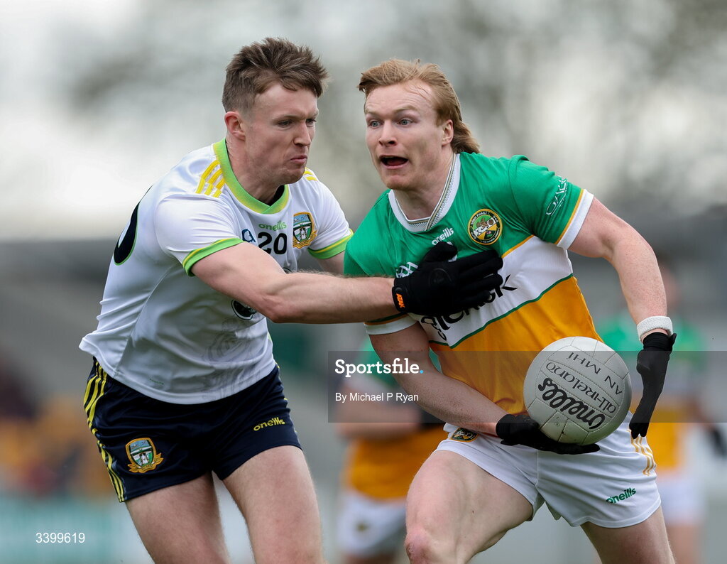 22 March 2026; Cormac Egan of Offaly in action against Cian McBride of Meath during the Allianz Football League Division 2 match between Offaly and Meath at Glenisk O'Connor Park in Tullamore, Offaly. Photo by Michael P Ryan/Sportsfile